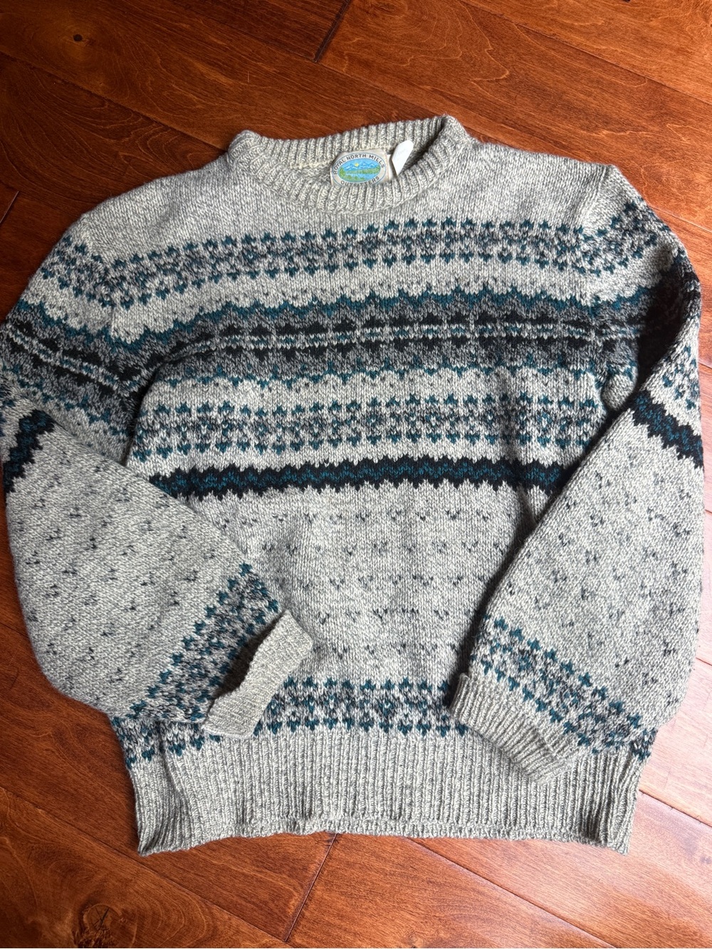 Men's Fair Isle Crewneck Sweater - Gray with Teal & Navy Accents